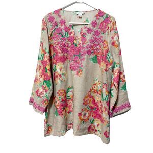 Charter Club Floral Embroidered Linen Tunic Top XL Beige Pink 3/4 Sleeve Blouse